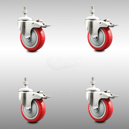 4 Inch 316SS Red Polyurethane Wheel Swivel 12mm Stem Caster Set Lock Brake